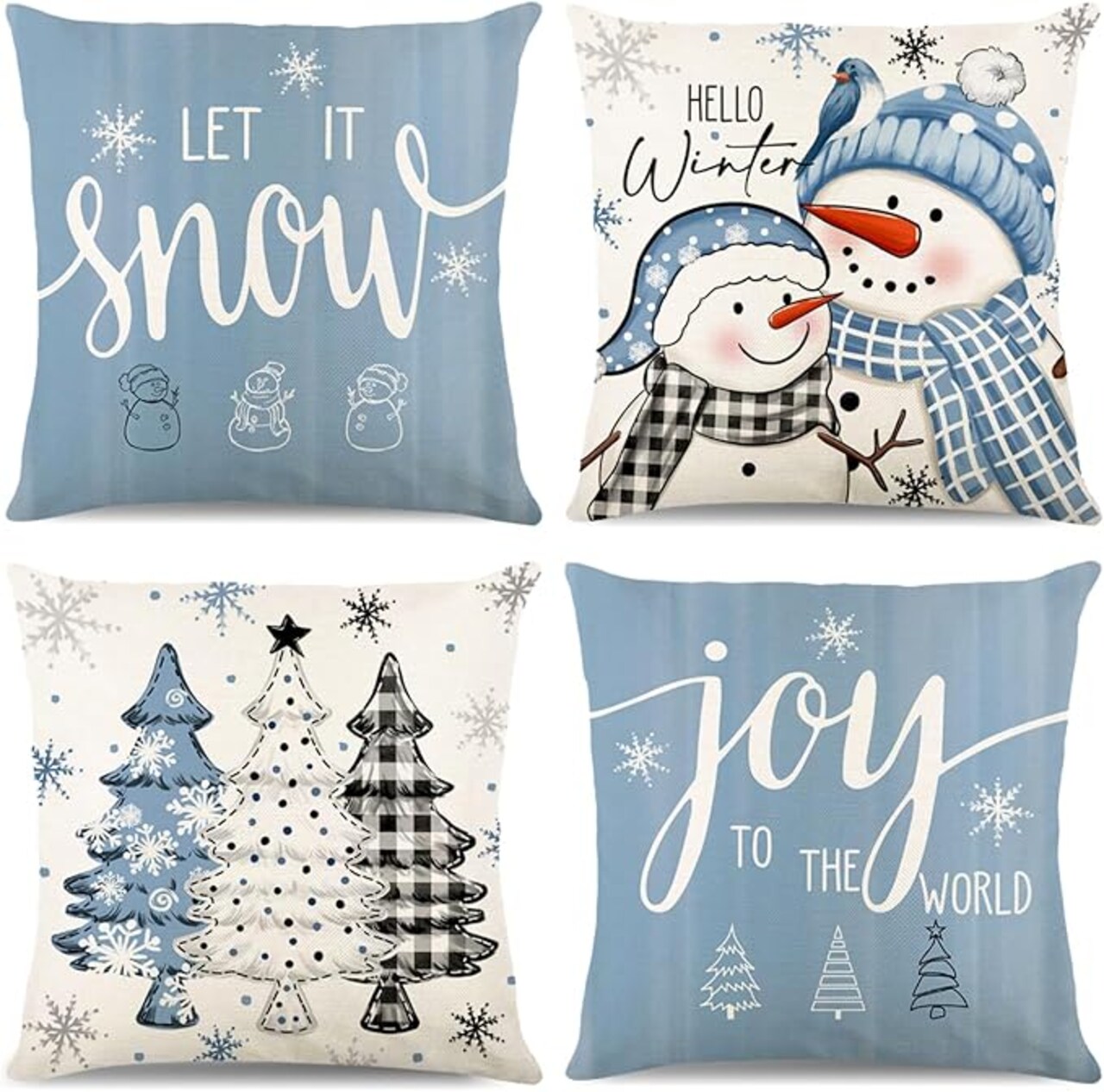 Christmas Pillow Covers 18x18 Set of 4, Winter Snowman Joy Snowflake Throw Pillow Covers Let it Snow Xmas Tree Home Decor for Pillow Case Happy Holiday Cushion Case for Sofa Couch